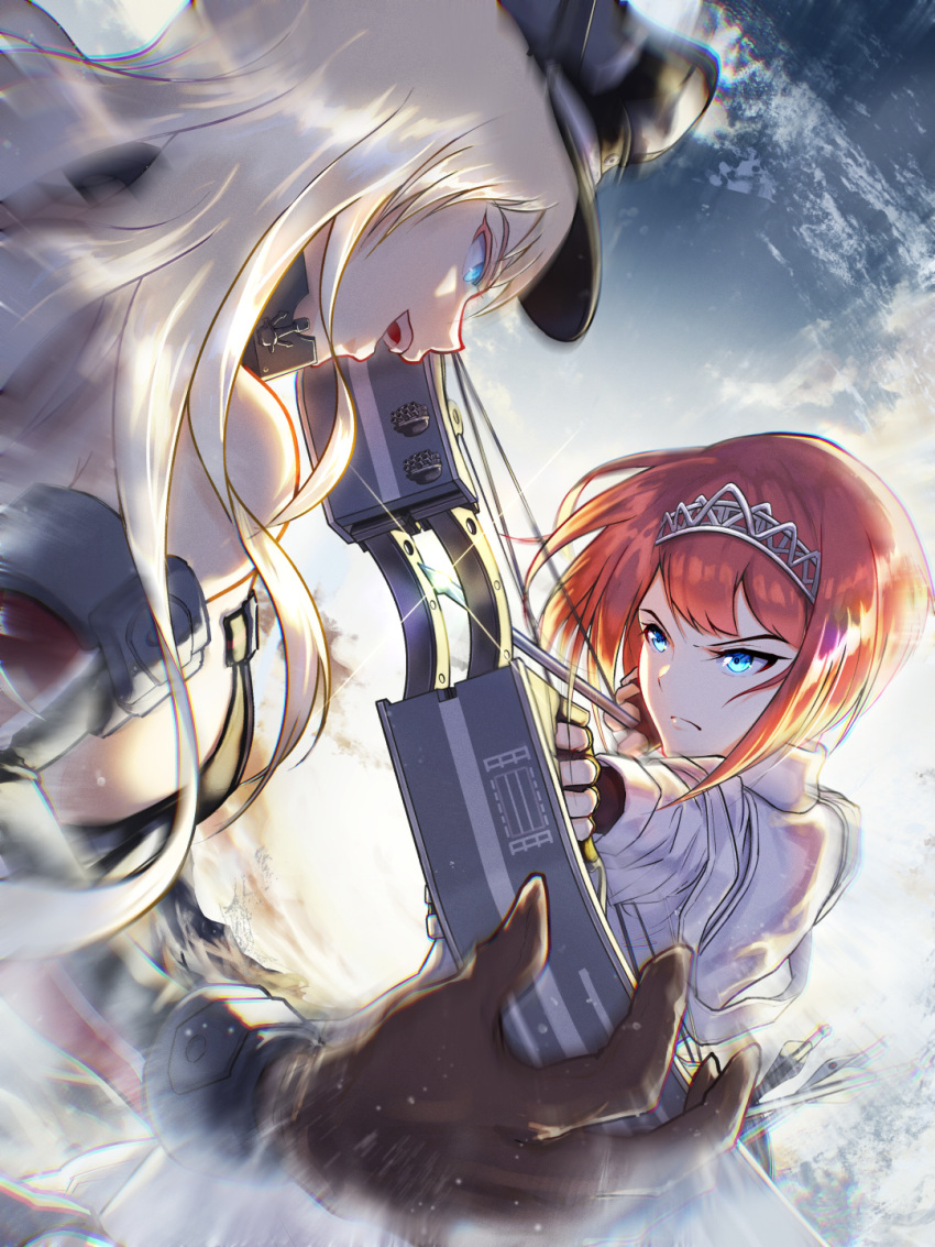 2girls anchor angry ark_royal_(kancolle) arrow_(projectile) bismarck_(kancolle) blonde_hair blue_eyes blurry bob_cut bow_(weapon) breasts brown_gloves closed_mouth compound_bow corset detached_sleeves evil_eyes fighting fighting_stance fingerless_gloves gesugao glint gloves hat highres holding holding_bow_(weapon) holding_weapon isasin929 kantai_collection long_hair looking_at_another looking_to_the_side medium_breasts military military_hat military_uniform multiple_girls open_mouth outdoors peaked_cap quiver ready_to_draw redhead short_hair sideboob sneer teeth tiara translation_request uniform upper_body upper_teeth_only wavy_hair weapon white_corset