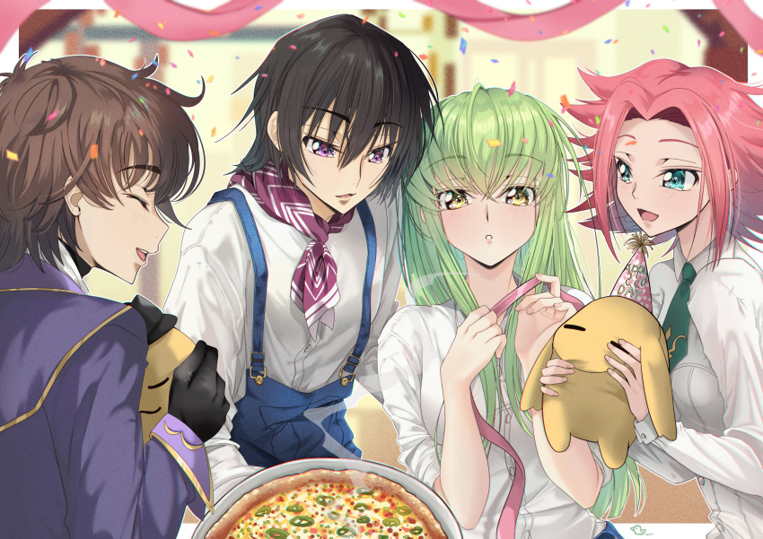 2boys 2girls ^_^ absurdres alternate_costume aqua_eyes black_gloves black_hair blue_overalls blurry blurry_background blush brown_hair budgiepon c.c. c.c._day casual cheese-kun closed_eyes code_geass collared_shirt commentary_request confetti crossed_bangs dress_shirt eyes_visible_through_hair fingernails food gloves green_hair green_necktie hair_between_eyes hands_up happy happy_birthday hat highres holding holding_ribbon holding_stuffed_toy holding_tray indoors kouzuki_kallen kururugi_suzaku lelouch_vi_britannia long_hair long_sleeves looking_at_another looking_at_viewer medium_hair multiple_boys multiple_girls necktie nose open_mouth overalls parted_bangs parted_lips party party_hat pink_hair pink_ribbon pizza profile ribbon shirt short_hair short_necktie sidelocks smile steam straight_hair stuffed_toy tray very_long_hair violet_eyes white_shirt yellow_eyes
