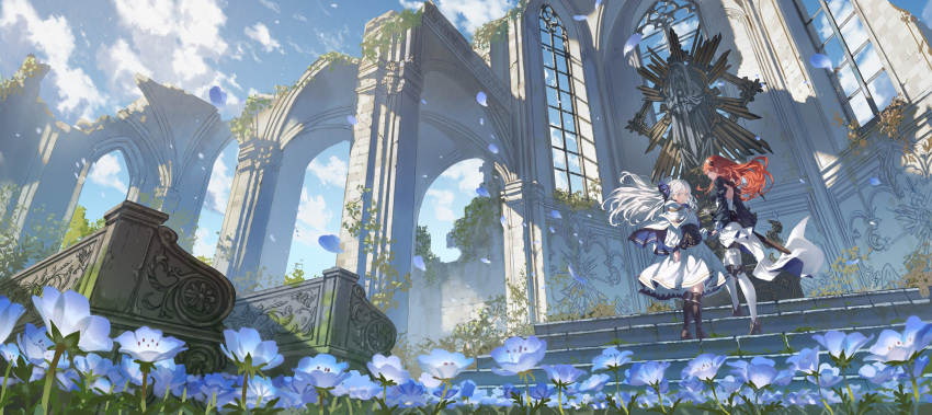 2girls arch architecture back_cutout blue_eyes boots braid cape clothing_cutout clouds crown_braid day dress falling_petals flower hair_ribbon high_heel_boots high_heels highres holding_hands long_hair makai_no_juumin multiple_girls original outdoors petals pillar plant redhead ribbon scenery sheath sky stairs standing sword thigh_boots vines weapon white_dress white_hair