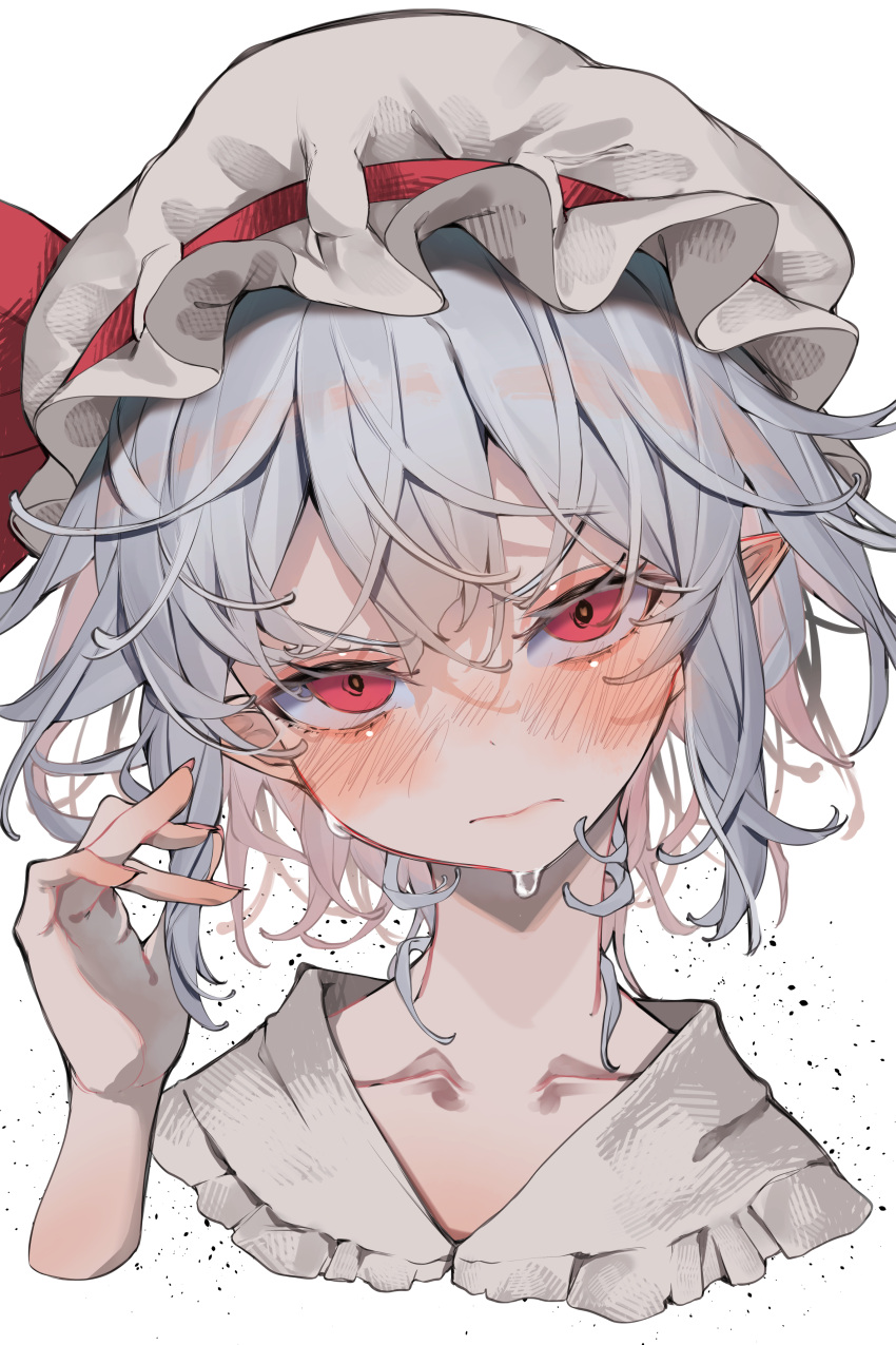 1girl absurdres blush closed_mouth collarbone fingernails grey_hair hair_between_eyes hat hat_ribbon highres looking_at_viewer mob_cap pointy_ears portrait red_eyes red_ribbon remilia_scarlet ribbon short_hair simple_background solo sweat touhou tsune_(tune) white_background white_hat