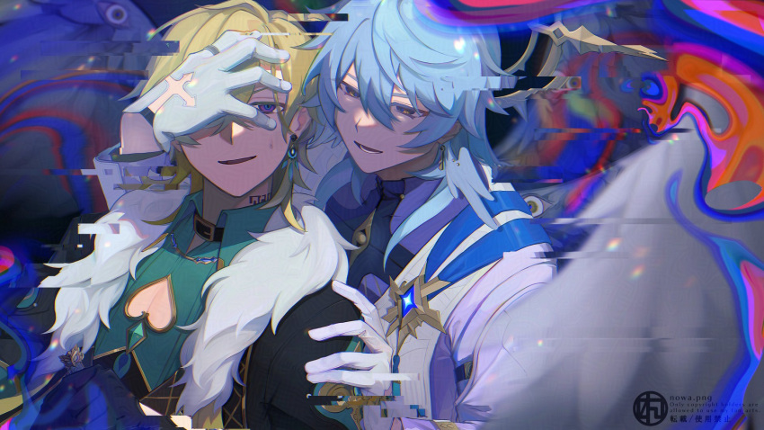 2boys aqua_shirt aventurine_(honkai:_star_rail) clothing_cutout collared_shirt earrings fur_trim gloves grey_hair hair_between_eyes hand_on_another's_face head_wings highres honkai:_star_rail honkai_(series) jewelry looking_at_another male_focus medium_hair multicolored_eyes multiple_boys neck_tattoo nowapng open_mouth pectoral_cleavage pectorals shirt short_hair sunday_(honkai:_star_rail) tattoo two-tone_eyes white_gloves wings yellow_eyes