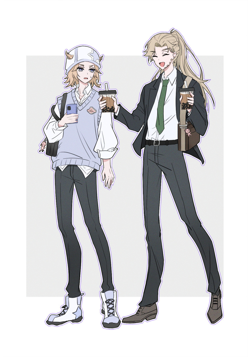 2boys alternate_hairstyle bag black_jacket blonde_hair blue_eyes blue_sweater_vest boots bubble_tea cellphone charm_(object) chuchumimipupu closed_eyes commentary_request contemporary facial_hair green_necktie gyro_zeppeli handbag hat highres holding holding_phone jacket johnny_joestar jojo_no_kimyou_na_bouken male_focus multiple_boys necktie open_mouth phone ponytail smartphone smile star_(symbol) steel_ball_run sweater_vest