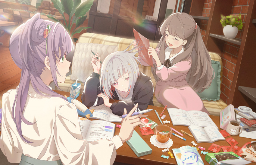 3girls ^_^ black_jacket bob_cut book brick_wall brown_hair candy closed_eyes closed_mouth collarbone colored_inner_hair couch cup diagonal_bangs dress dutch_angle eraser flower food frilled_pillow frills fujishima_megumi game_cg green_eyes grey_hair hair_bun hair_flower hair_ornament handheld_fan highres holding holding_pencil ice ice_cube indoors inverted_bob jacket link!_like!_love_live! living_room long_hair long_sleeves looking_at_another love_live! mechanical_pencil milk_carton mug multicolored_hair multiple_girls notebook official_art on_couch open_book open_mouth otomune_kozue pencil pencil_case pillow pink_dress pink_eyes plant playing_with_another's_hair potted_plant pout purple_hair red_flower redhead shirt short_hair side_ponytail sidelocks single_side_bun sitting smile star_(symbol) star_hair_ornament static_cling streaked_hair studying table tea third-party_source two_side_up virtual_youtuber white_shirt wrapped_candy yugiri_tsuzuri