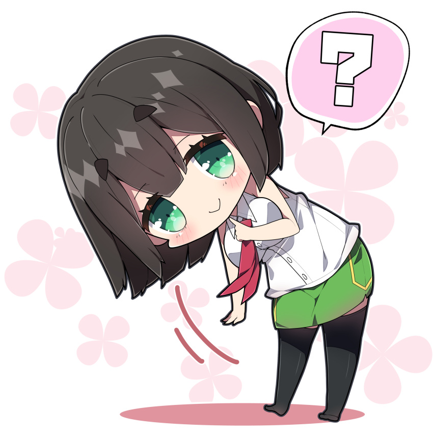 1girl ? absurdres bare_arms bare_shoulders black_hair black_thighhighs blush breasts chibi closed_mouth collared_shirt colored_shadow commentary_request dress dress_shirt floral_background full_body green_eyes green_skirt hair_between_eyes highres kyoumachi_seika large_breasts leaning_to_the_side looking_at_viewer medium_breasts milkpanda necktie no_shoes red_necktie shadow shirt short_eyebrows simple_background skirt sleeveless sleeveless_dress smile solo spoken_question_mark standing thick_eyebrows thigh-highs voiceroid white_background white_shirt