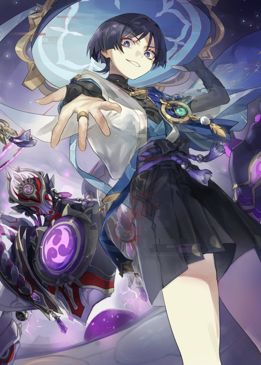 1boy black_bow black_hair black_shirt black_shorts blue_cape blue_hat blue_ribbon blunt_ends bow bridal_gauntlets cape choppy_bangs commentary_request crazy_smile electricity eyeshadow genshin_impact grin hair_between_eyes hand_on_headwear hand_up hat hat_ribbon highres jacket jingasa looking_at_viewer makeup male_focus open_clothes open_jacket outstretched_hand parted_bangs pom_pom_(clothes) purple_sash red_eyeshadow ribbon sash scaramouche_(genshin_impact) scaramouche_(shouki_no_kami)_(genshin_impact) shirt short_hair short_sleeves shorts smile solo standing talesofmea tassel v-shaped_eyebrows violet_eyes vision_(genshin_impact) wanderer_(genshin_impact) white_jacket wide_sleeves