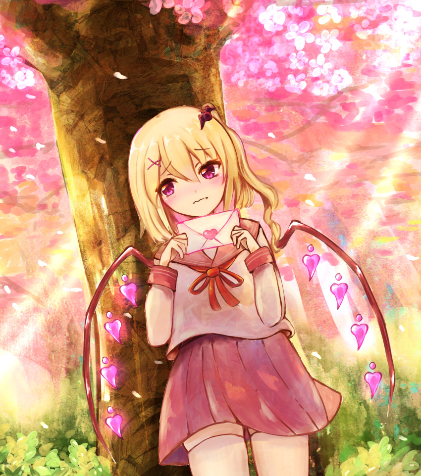 1girl absurdres alternate_costume blonde_hair cherry_blossoms closed_mouth contemporary cowboy_shot crystal envelope fang fang_out flandre_scarlet glowing glowing_wings hair_between_eyes hair_ornament highres holding holding_envelope long_sleeves love_letter medium_hair neck_ribbon no_headwear one_side_up outdoors pink_eyes pink_sailor_collar pink_skirt pink_theme pleated_skirt red_ribbon ribbon sailor_collar school_uniform semisigule serafuku shirt skirt solo thigh-highs touhou tree white_shirt white_thighhighs wings x_hair_ornament