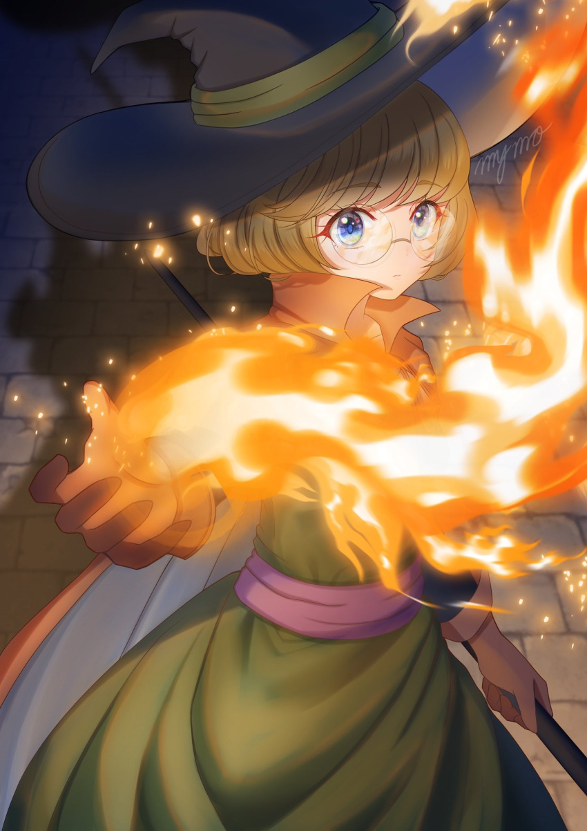 1girl artist_name black_cape black_gloves blue_eyes brown_hair cape closed_mouth cosplay dragon_quest dragon_quest_iii dress fire glasses gloves green_dress hat highres holding holding_staff ichinose_minori light_frown long_dress long_sleeves looking_at_viewer mage_(dq3) mage_(dq3)_(cosplay) magic mymo0527 precure rimless_eyewear round_eyewear short_hair signature solo staff standing tropical-rouge!_precure witch_hat