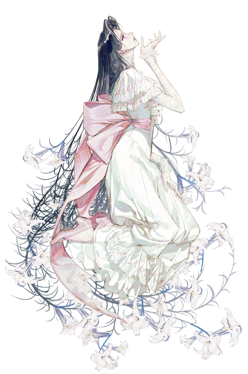 1girl acyantree back_bow barefoot black_hair bow closed_eyes dress flower frilled_dress frills from_side full_body hand_up highres lily_(flower) long_dress long_hair long_sleeves looking_up original parted_lips pink_bow profile sash simple_background solo very_long_hair white_background white_dress white_flower