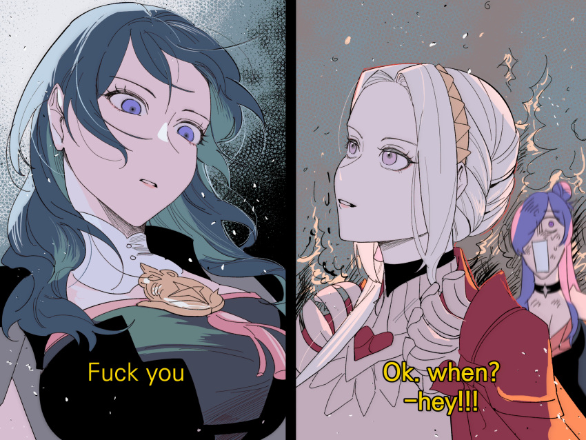 3girls b_(wldms6650) black_dress blue_hair brown_hairband byleth_(female)_(fire_emblem) byleth_(fire_emblem) commentary dress edelgard_von_hresvelg english_commentary english_text fire_emblem fire_emblem:_three_houses fire_emblem_warriors:_three_hopes hair_bun hairband heart highres light_particles long_hair looking_at_another multiple_girls parted_lips pink_eyes purple_hair red_dress shez_(female)_(fire_emblem) shez_(fire_emblem) simple_background tassel upper_body violet_eyes white_background