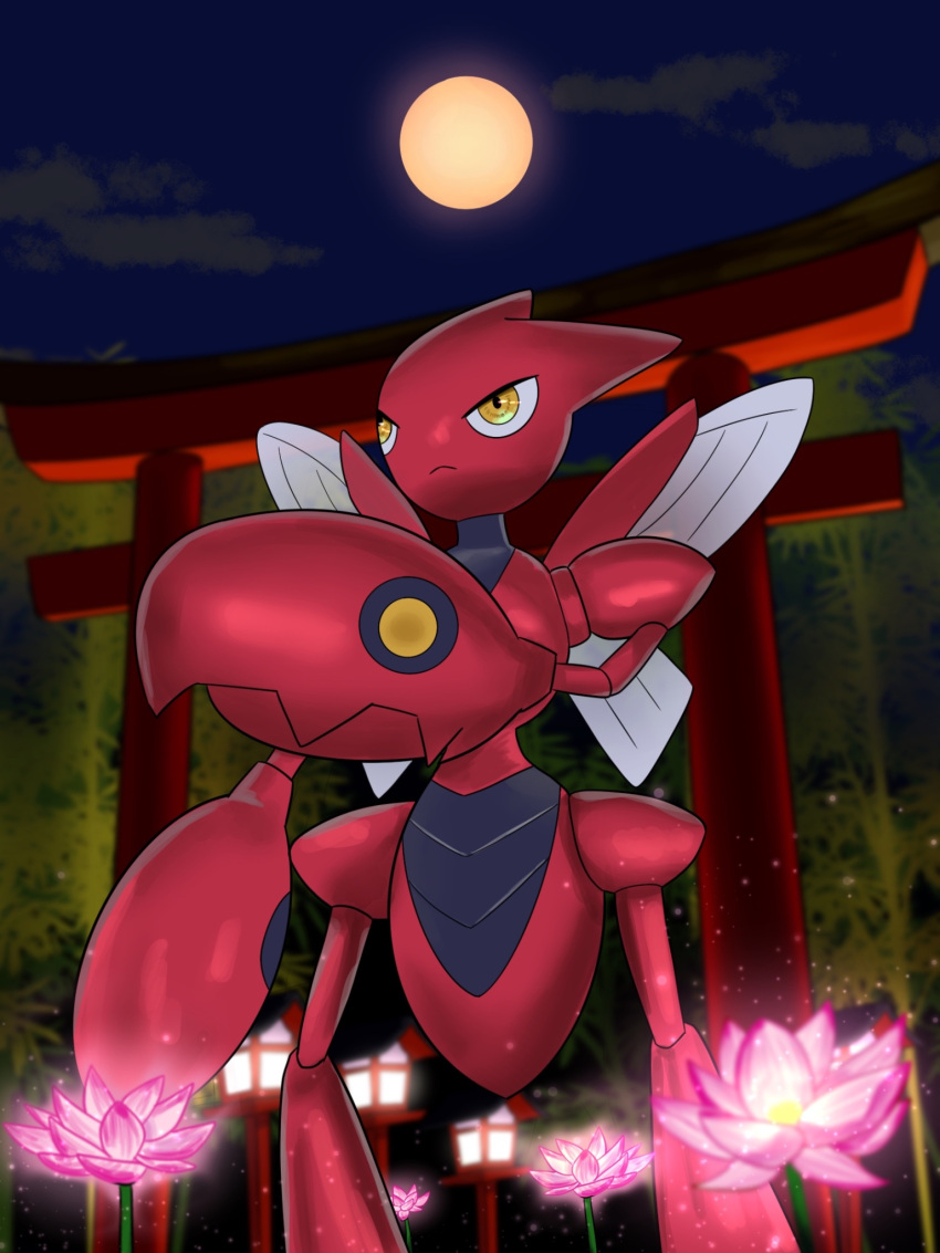 bug claws colored_skin cowboy_shot full_moon highres insect_wings moon night outdoors pokemon pokemon_(creature) red_skin redamber334 scizor torii wings yellow_eyes