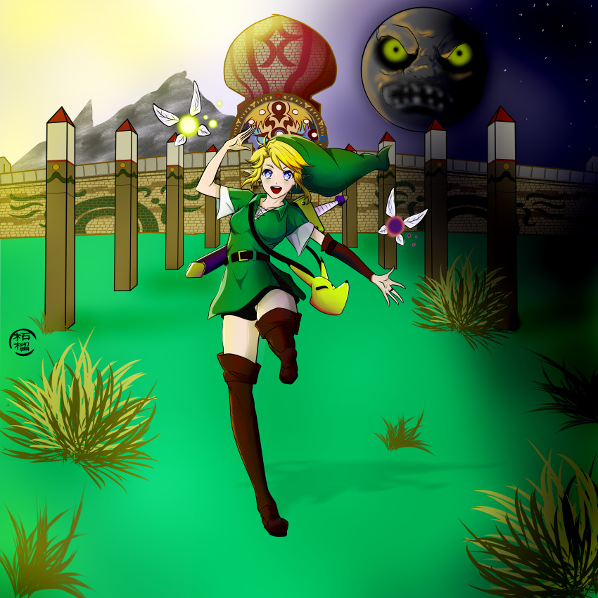 1girl absurdres blonde_hair blue_eyes boots brown_footwear cape colorful genderswap genderswap_(mtf) green_cape green_tunic highres link looking_at_viewer master_sword open_mouth pointy_ears self-upload smile solo sword sword_on_back tael tatl the_legend_of_zelda the_legend_of_zelda:_majora's_mask weapon weapon_on_back zakuro_manga