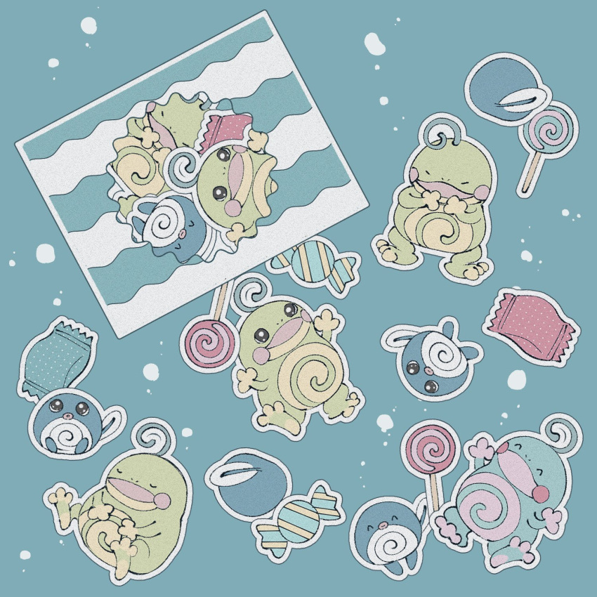 :d ^_^ alternate_color aqua_background arms_up candy closed_eyes facing_away food from_behind highres lollipop looking_at_viewer no_humans open_mouth outline pokemon pokemon_(creature) politoed poliwag polka_dot shiny_pokemon simple_background smile sumi_fms swirl_lollipop u_u white_outline