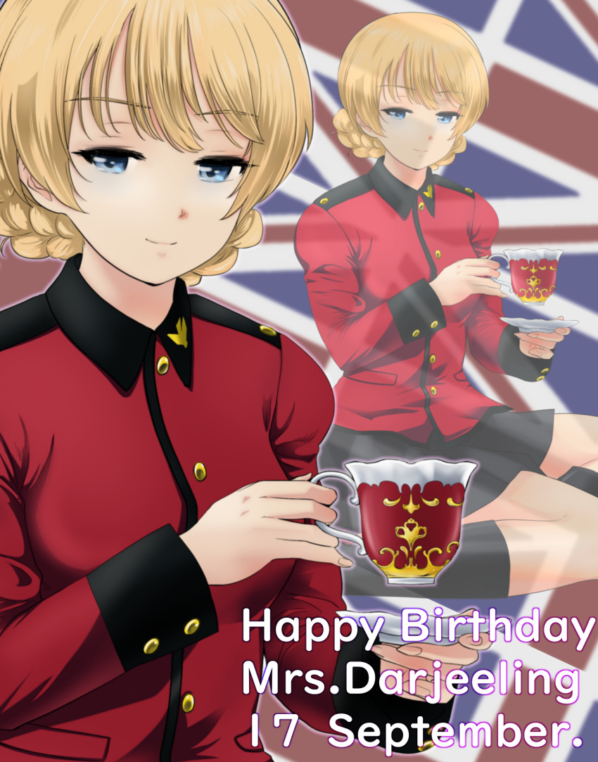 1girl black_footwear black_skirt blonde_hair blue_eyes boots braid character_name closed_mouth commentary cup darjeeling_(girls_und_panzer) dated english_text flag_background girls_und_panzer half-closed_eyes happy_birthday highres holding holding_cup holding_saucer jacket long_sleeves looking_at_viewer military_uniform miniskirt pleated_skirt red_jacket saucer short_hair sitting skirt smile solo st._gloriana's_military_uniform teacup twin_braids uniform union_jack yoyokkun zoom_layer