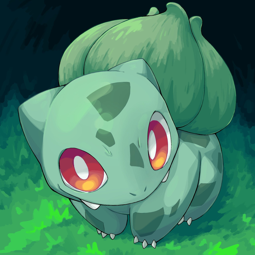 bright_pupils bulbasaur colored_skin grass green_skin highres looking_at_viewer no_humans pokemon pokemon_(creature) red_eyes sharpski solo white_pupils