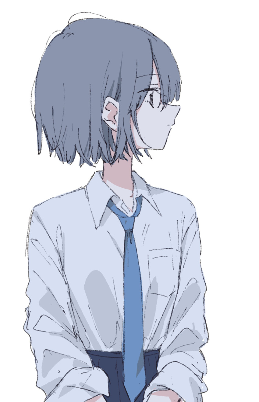 1girl blue_hair blue_necktie blue_skirt blue_theme expressionless highres looking_to_the_side matsuda_hikari necktie original own_hands_together pleated_skirt profile shirt short_hair simple_background skirt solo white_background white_shirt