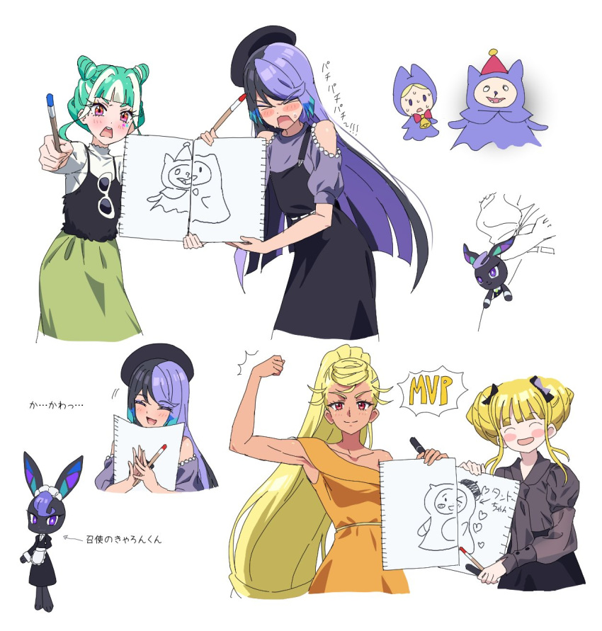 &gt;_&lt; :d arm_up bare_shoulders beret black_camisole black_dress black_hair black_headwear blonde_hair blue_hair blunt_bangs braid braided_bun camisole carron_(waccha_primagi!) carron_(waccha_primagi!)_(rabbit) child's_drawing chimumu closed_eyes closed_mouth clothing_cutout collared_shirt commentary_request dark-skinned_female dark_skin dolldolldd double_bun drawing_(object) dress eyewear_hang flexing foreshortening green_hair green_skirt hair_bun hat highres holding holding_paintbrush holding_sketchbook jennifer_sumire_sol kokoa_remon long_hair long_sleeves looking_at_viewer multicolored_hair multiple_views open_mouth paintbrush pretty_series purple_hair purple_shirt real_life red_eyes shirt short_hair shoulder_cutout sidelocks simple_background sketchbook skirt smile standing steepled_fingers streaked_hair sweater tanto_(waccha_primagi!) translation_request unworn_eyewear very_long_hair waccha_primagi! white_background white_sweater
