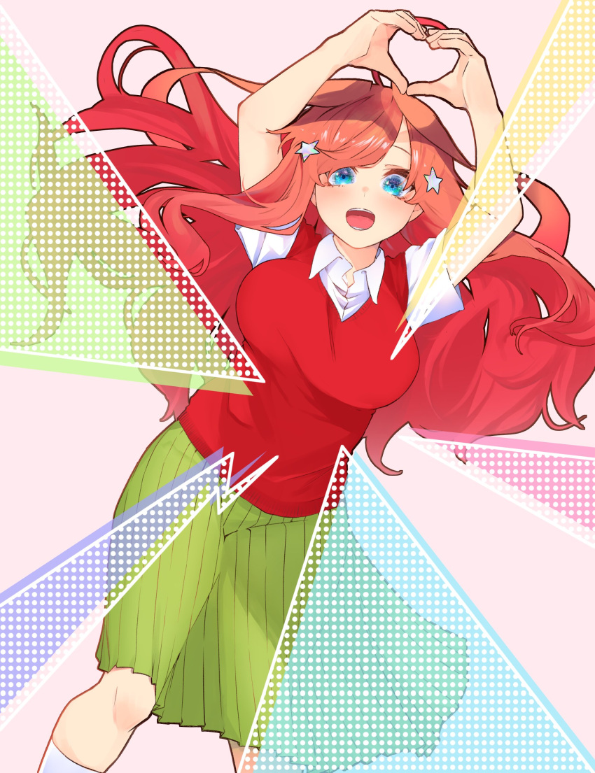 1girl :d absurdres ahoge arms_up blue_eyes blush bocchi_the_rock! breasts collared_shirt commentary eyebrows_hidden_by_hair feet_out_of_frame floating_hair go-toubun_no_hanayome green_skirt hair_ornament happy heart heart_hands highres kita_ikuyo large_breasts long_hair long_skirt looking_at_viewer mojyu_saico nakano_itsuki open_mouth own_hands_together parody pink_background pleated_skirt red_sweater_vest redhead school_uniform shirt short_sleeves sidelocks simple_background skirt smile solo standing star-shaped_pupils star_(symbol) star_hair_ornament sweater_vest symbol-shaped_pupils teeth very_long_hair wavy_hair white_shirt