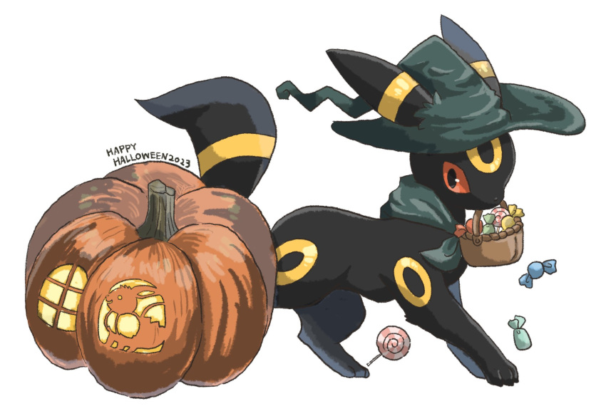 animal_focus basket candy colored_sclera ears_through_headwear eevee food full_body green_hat green_neckerchief happy_halloween hat highres holding holding_basket jack-o'-lantern lollipop looking_at_viewer mouth_hold neckerchief no_humans orange_sclera pokemon pokemon_(creature) pumpkin simple_background solo swirl_lollipop umbreon volpecorvo white_background witch_hat wrapped_candy