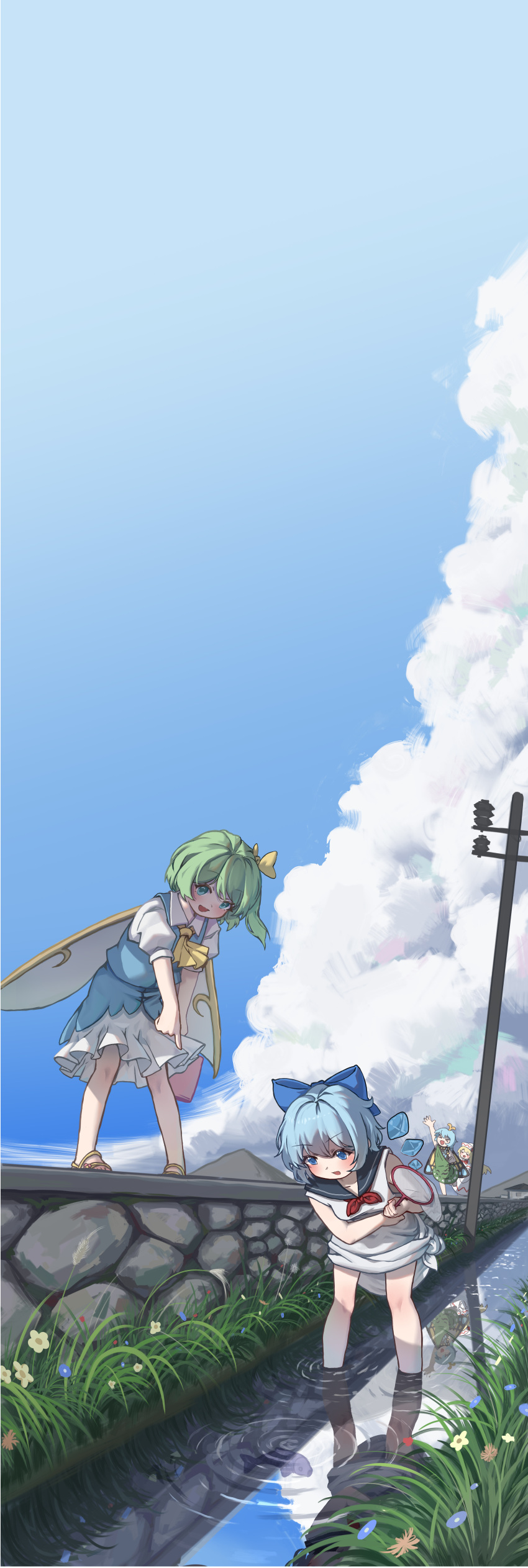 4girls absurdres antennae aqua_hair arm_up black_sailor_collar blonde_hair blue_bow blue_eyes blue_hair blush bow butterfly_wings cirno closed_eyes clouds cloudy_sky collared_shirt daiyousei day detached_wings dress eternity_larva fairy fairy_wings green_dress green_eyes green_hair hair_bow hat highres ice ice_wings incredibly_absurdres insect_wings lily_white long_hair multicolored_clothes multicolored_dress multiple_girls open_mouth outdoors puffy_short_sleeves puffy_sleeves rangque_(user_vjjs4748) river sailor_collar sailor_dress shirt short_hair short_sleeves side_ponytail sky sleeveless sleeveless_dress smile touhou water white_dress white_hat white_shirt wings