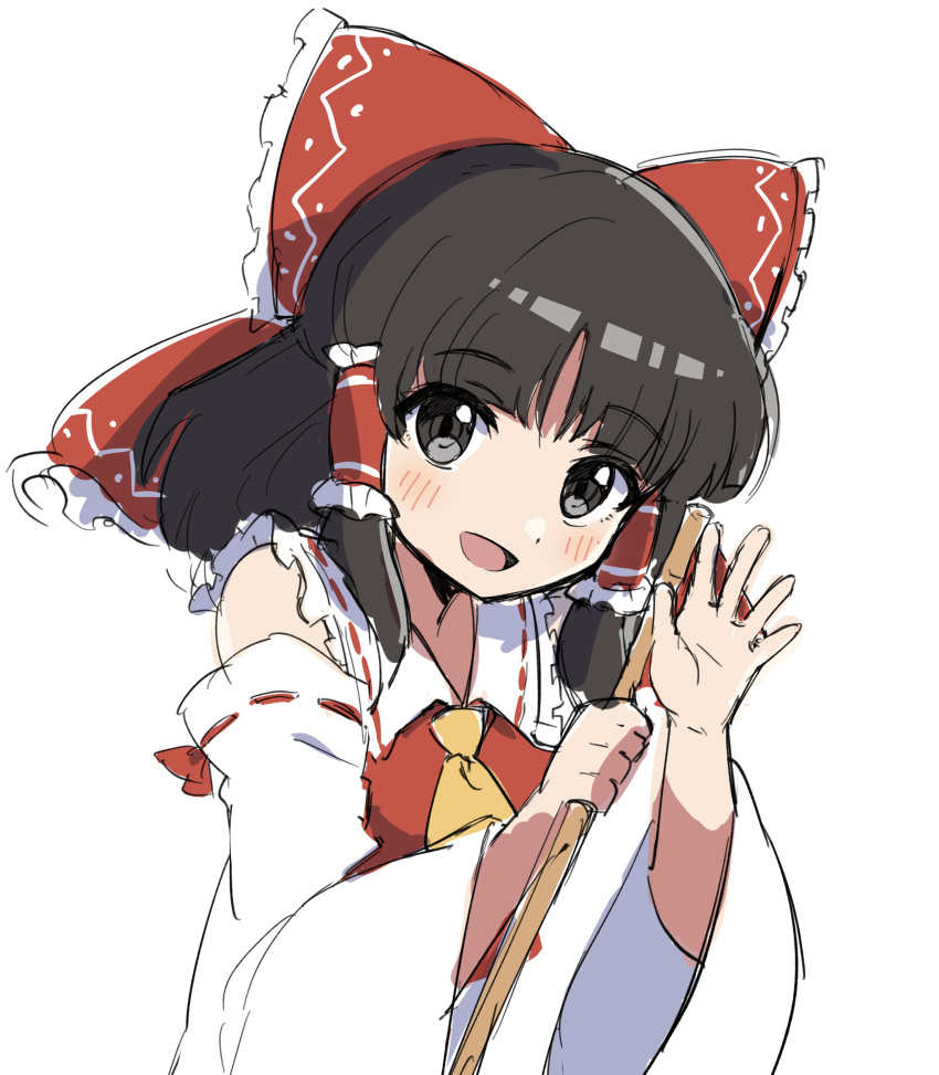 1girl absurdres ascot bare_shoulders black_hair bow broom collared_vest detached_sleeves frilled_bow frills hair_bow hair_tubes hakurei_reimu highres holding holding_broom japanese_clothes long_sleeves looking_at_viewer miko miz_(mizillustration) one-hour_drawing_challenge open_mouth red_bow red_vest simple_background sketch smile solo touhou vest waving white_background wide_sleeves yellow_ascot