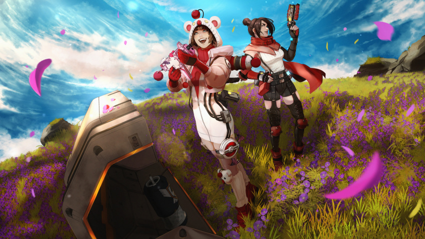 2girls 7th_heaven_skirmisher_wraith apex_legends b3_wingman black_gloves black_hair black_shorts black_thighhighs blue_eyes boots breasts clouds cosplay english_commentary final_fantasy final_fantasy_vii final_fantasy_vii_rebirth final_fantasy_vii_remake fingerless_gloves gloves grass gun hair_bun highres holding holding_gun holding_weapon ifragmentix knee_pads kupo_power_wattson looking_up medium_breasts moogle moogle_(cosplay) multiple_girls official_alternate_costume official_art open_mouth petals r-99_smg red_footwear revolver shirt short_hair shorts single_hair_bun sky sleeveless sleeveless_shirt smile submachine_gun suspenders thigh-highs wattson_(apex_legends) weapon white_shirt wraith_(apex_legends)