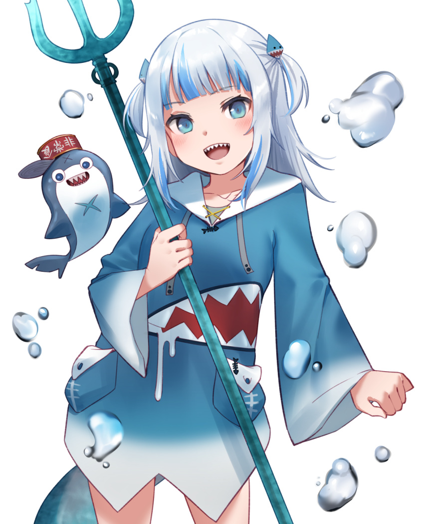 1girl :d bloop_(gawr_gura) blue_eyes blue_hair blue_hoodie bubble collarbone cowboy_shot fins fish_tail gawr_gura highres holding_trident hololive hololive_english hood hoodie long_sleeves medium_hair multicolored_hair shark_tail sharp_teeth simple_background smile solo streaked_hair tail teeth two_side_up upper_teeth_only virtual_youtuber white_background yasawa_kichi