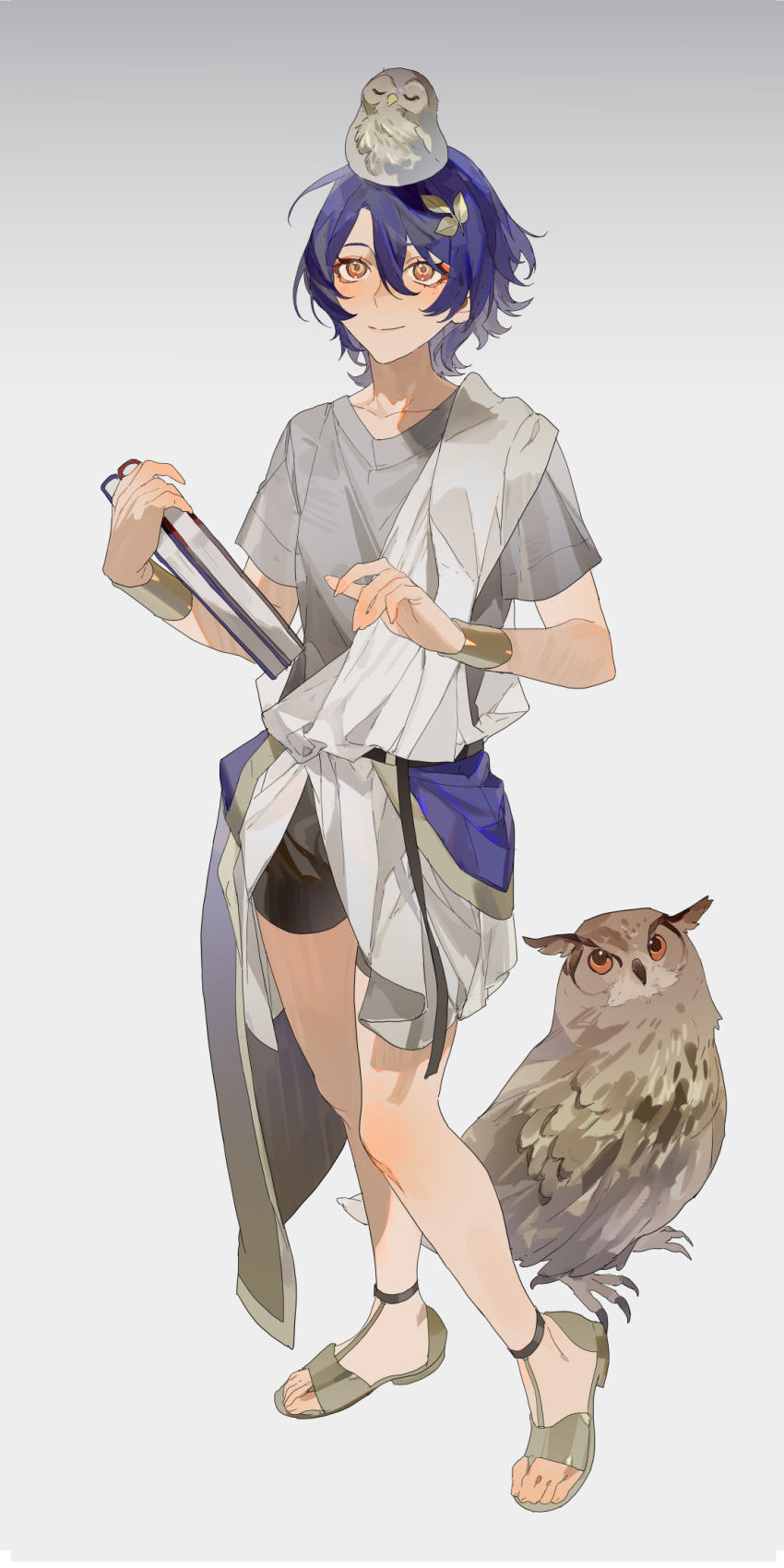 1boy aged_down ancient_greek_clothes bird blue_hair book closed_mouth dr._ratio_(honkai:_star_rail) full_body greco-roman_clothes hair_between_eyes hair_ornament highres holding holding_book honkai:_star_rail honkai_(series) kiwo20000 male_focus owl sandals shirt shorts simple_background solo