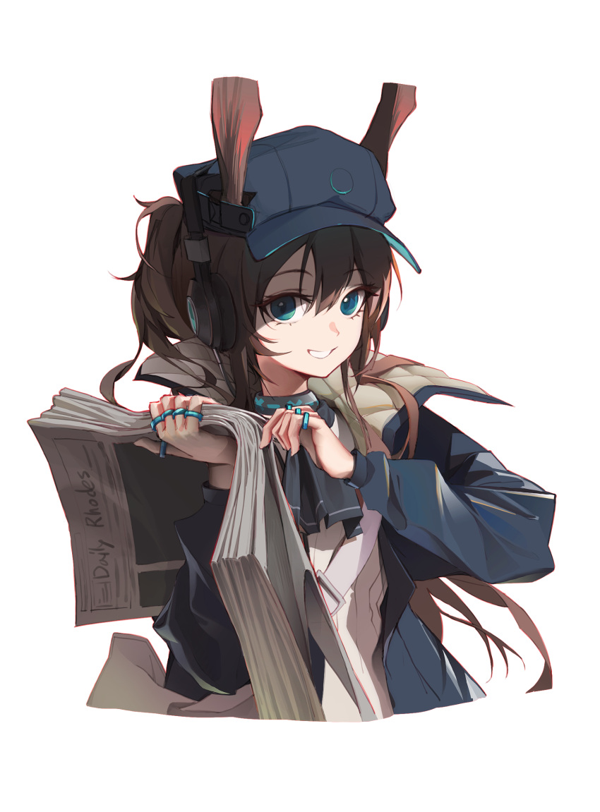1girl 9am9i absurdres amiya_(arknights) amiya_(newsgirl)_(arknights) animal_ear_fluff animal_ears arknights black_hat black_jacket blue_eyes brown_hair cabbie_hat commentary cropped_torso hair_between_eyes hands_up hat headphones highres holding holding_newspaper jacket jewelry long_hair long_sleeves looking_at_viewer newspaper open_clothes open_jacket ponytail puffy_long_sleeves puffy_sleeves rabbit_ears ring shirt simple_background smile solo upper_body very_long_hair white_background white_shirt