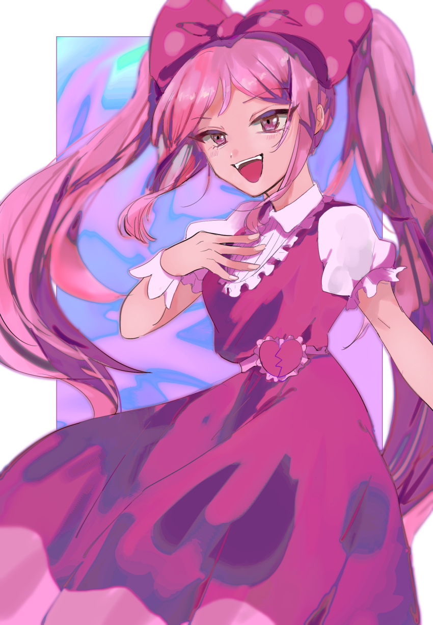 1girl arm_support black_background bow buttons collared_dress dancing_omochi dress feet_out_of_frame frilled_dress frills hair_bow hand_on_own_face highres holding holding_mace knees_up long_hair looking_at_viewer mace omori open_mouth pink_bow pink_dress pink_eyes pink_hair pink_trim polka_dot polka_dot_bow puffy_short_sleeves puffy_sleeves short_sleeves sidelocks sitting socks solo spiked_mace spikes sweetheart_(omori) tan twintails weapon white_socks wrist_cuffs