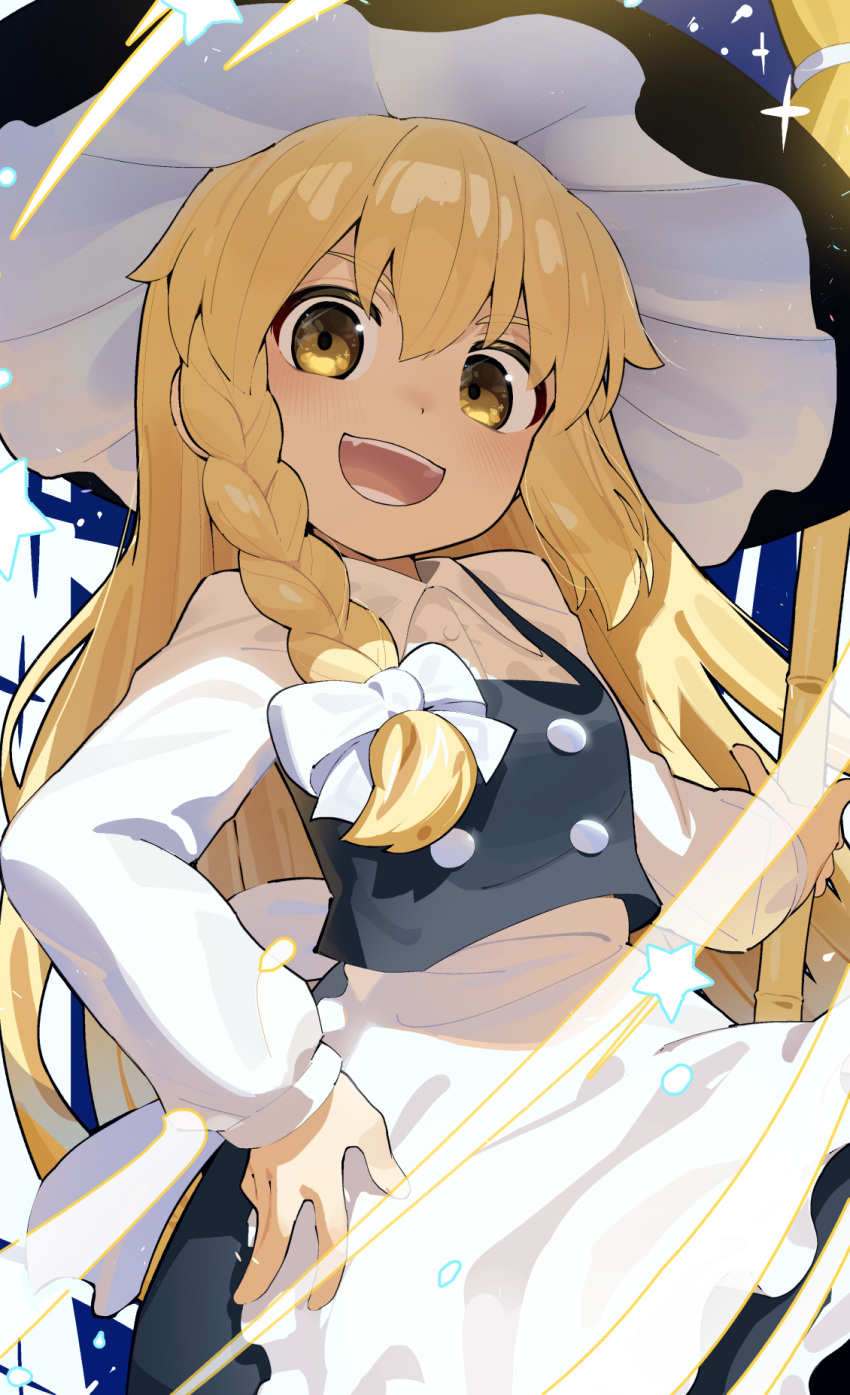 1girl :d apron black_hat black_skirt black_vest blonde_hair bow braid breasts brown_eyes collared_shirt commentary_request dress_shirt frilled_apron frills hair_between_eyes hair_bow hand_on_own_hip hat highres kirisame_marisa long_sleeves looking_at_viewer monosenbei puffy_long_sleeves puffy_sleeves shirt single_braid skirt small_breasts smile solo touhou vest waist_apron white_apron white_bow white_shirt