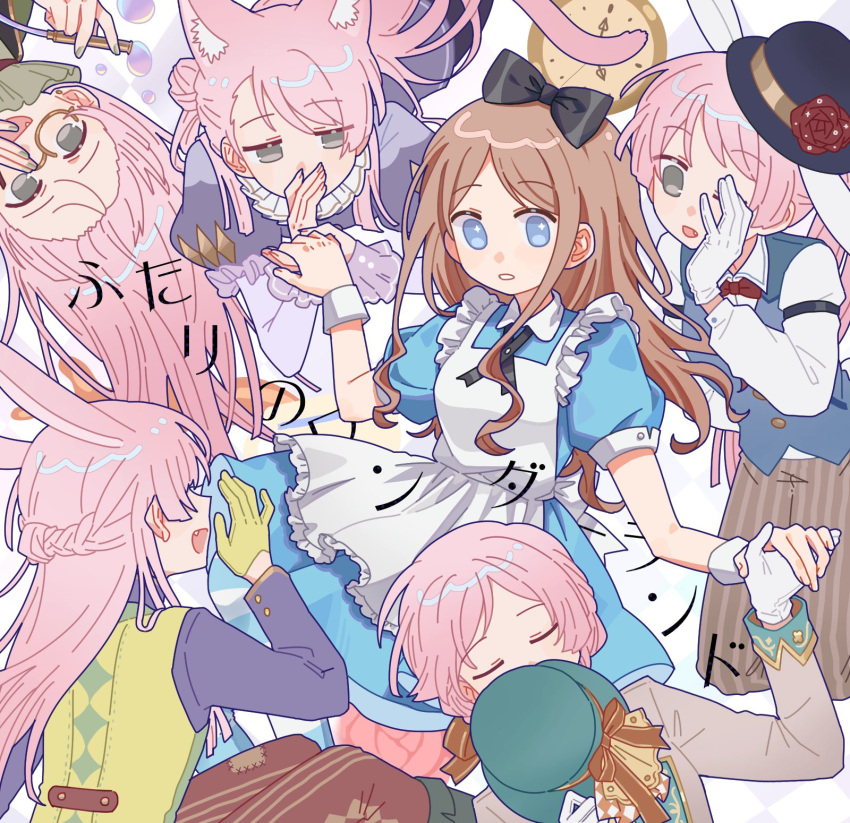 alice_(alice_in_wonderland) alice_(alice_in_wonderland)_(cosplay) alice_in_wonderland animal_ears apron aqua_hat armlet artist_request bang_dream! bang_dream!_it's_mygo!!!!! black_bow black_hat blue_dress blue_eyes blue_vest bow bowtie breasts brown_pants cat_ears cat_girl cat_tail chihaya_anon closed_eyes collared_shirt commentary_request commission cosplay dress dress_shirt fang gloves grey_eyes grey_jacket hair_bow half_up_braid hat highres holding_hands jacket juliet_sleeves long_hair long_sleeves medium_breasts monocle nagasaki_soyo open_mouth pants pink_hair puffy_short_sleeves puffy_sleeves red_bow red_bowtie second-party_source shirt short_sleeves sidelocks tail translation_request vest whispering white_apron white_gloves white_shirt yellow_gloves yuri