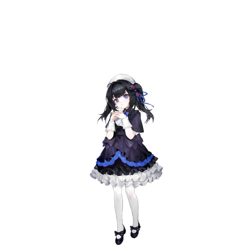 1girl ahoge artist_request black_bow black_dress black_footwear black_hair blue_bow blue_bowtie blue_dress blue_eyes blue_ribbon bow bowtie dress footwear_bow frilled_dress frills full_body girls_frontline hair_bow hair_ribbon hat headwear_request highres interlocked_fingers layered_dress lolita_fashion long_hair looking_at_viewer mary_janes official_art own_hands_together pantyhose parted_lips ribbon sana_(girls'_frontline) shoes short_sleeves simple_background solo standing sweatdrop third-party_source transparent_background twintails white_dress white_hat white_pantyhose white_wrist_cuffs worried wrist_cuffs