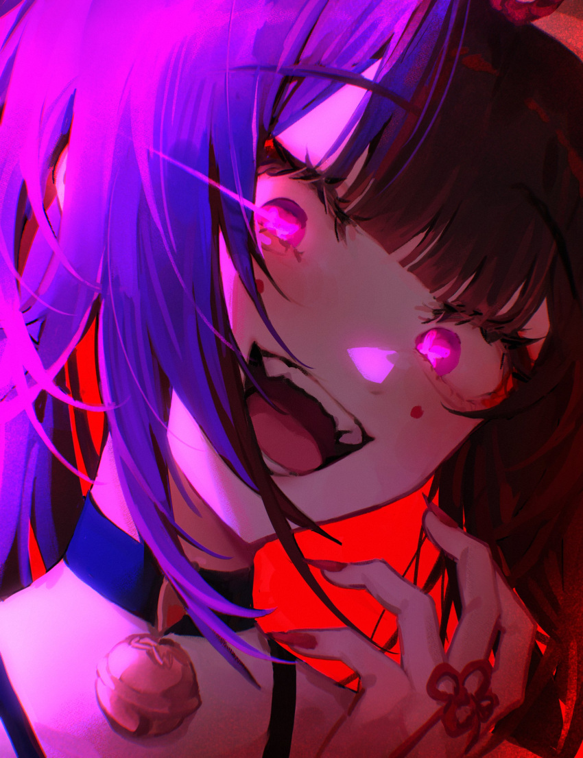 1girl absurdres bare_shoulders bell black_choker bloom blunt_bangs brown_hair butterfly-shaped_pupils choker close-up commentary crazy crazy_eyes crazy_smile english_commentary eye_trail eyelashes facial_mark fingernails glowing glowing_eyes hand_up highres honkai:_star_rail honkai_(series) li_nauu light_trail long_fingernails long_hair looking_at_viewer multicolored_hair nail_polish neck_bell open_mouth pink_eyes pink_hair portrait purple_hair red_background red_nails shade sharp_fingernails sidelighting simple_background smile solo sparkle_(honkai:_star_rail) spread_fingers symbol-shaped_pupils teeth tongue
