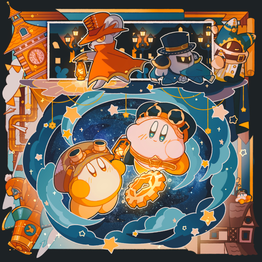 absurdres black_eyes blue_cape blush_stickers bright_pupils building cape clock clock_tower daroach gears glef_life goggles goggles_on_head hat highres king_dedede kirby kirby_(series) lamppost lantern looking_up magolor mask meta_knight multiple_views night night_sky no_humans red_cape shoulder_guard sky smile standing star_(sky) star_(symbol) starry_sky top_hat tower waddle_dee white_pupils