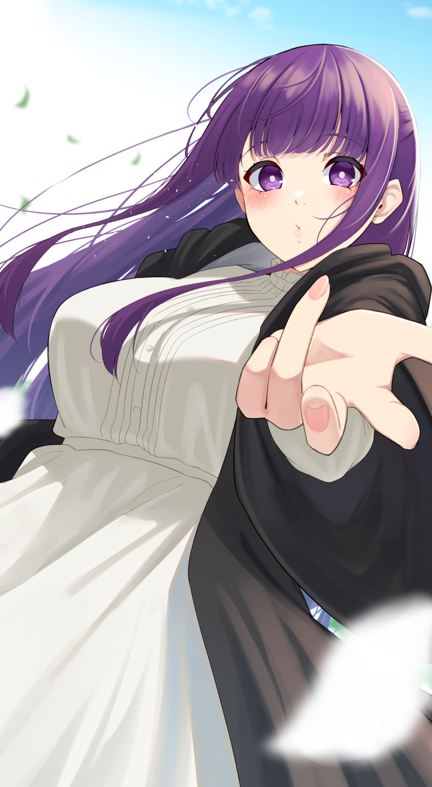 1girl black_coat black_robe blowing_kiss blunt_bangs blush breasts buttons coat commentary dress fern_(sousou_no_frieren) frieren_blowing_a_kiss_(meme) highres large_breasts long_hair long_sleeves looking_at_viewer meme nanohana_(november.) o3o pov puckered_lips purple_hair purple_pupils robe sidelocks sousou_no_frieren straight_hair violet_eyes white_dress