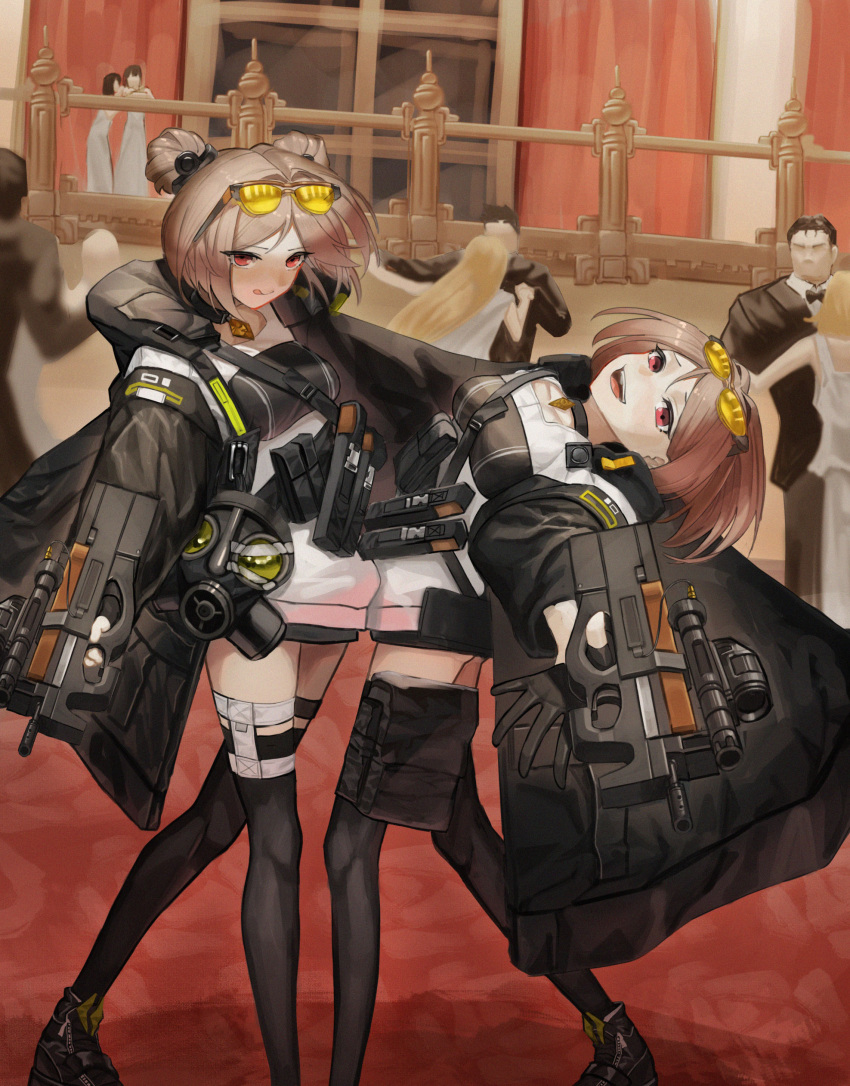 3boys 6+girls absurdres ammunition_pouch aoi_wakashi_chiyo asymmetrical_legwear black_footwear black_suit black_thighhighs breasts brown_hair bullpup clone dancing dated_commentary double_bun eyewear_on_head gas_mask girls_frontline gun hair_bun highres holding holding_gun holding_weapon looking_at_viewer mask multiple_boys multiple_girls open_mouth p90 p90_(girls'_frontline) pouch red_eyes shoes smile sneakers submachine_gun suit sunglasses teeth thigh-highs tongue tongue_out uneven_legwear upper_teeth_only weapon
