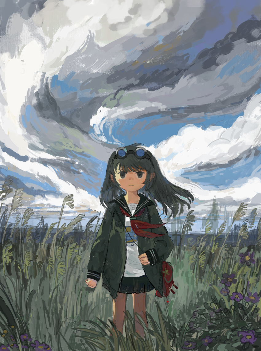 1girl absurdres akziqi arm_at_side bag black_eyes black_sailor_collar black_skirt blue_sky closed_mouth clouds cloudy_sky commentary day feet_out_of_frame floating_hair flower goggles goggles_on_head grass green_jacket highres holding_strap jacket long_hair looking_at_viewer miniskirt neckerchief open_clothes open_jacket original outdoors pleated_skirt print_shirt purple_flower red_neckerchief sailor_collar scenery shirt shoulder_bag skirt sky smile solo standing straight-on tall_grass white_shirt