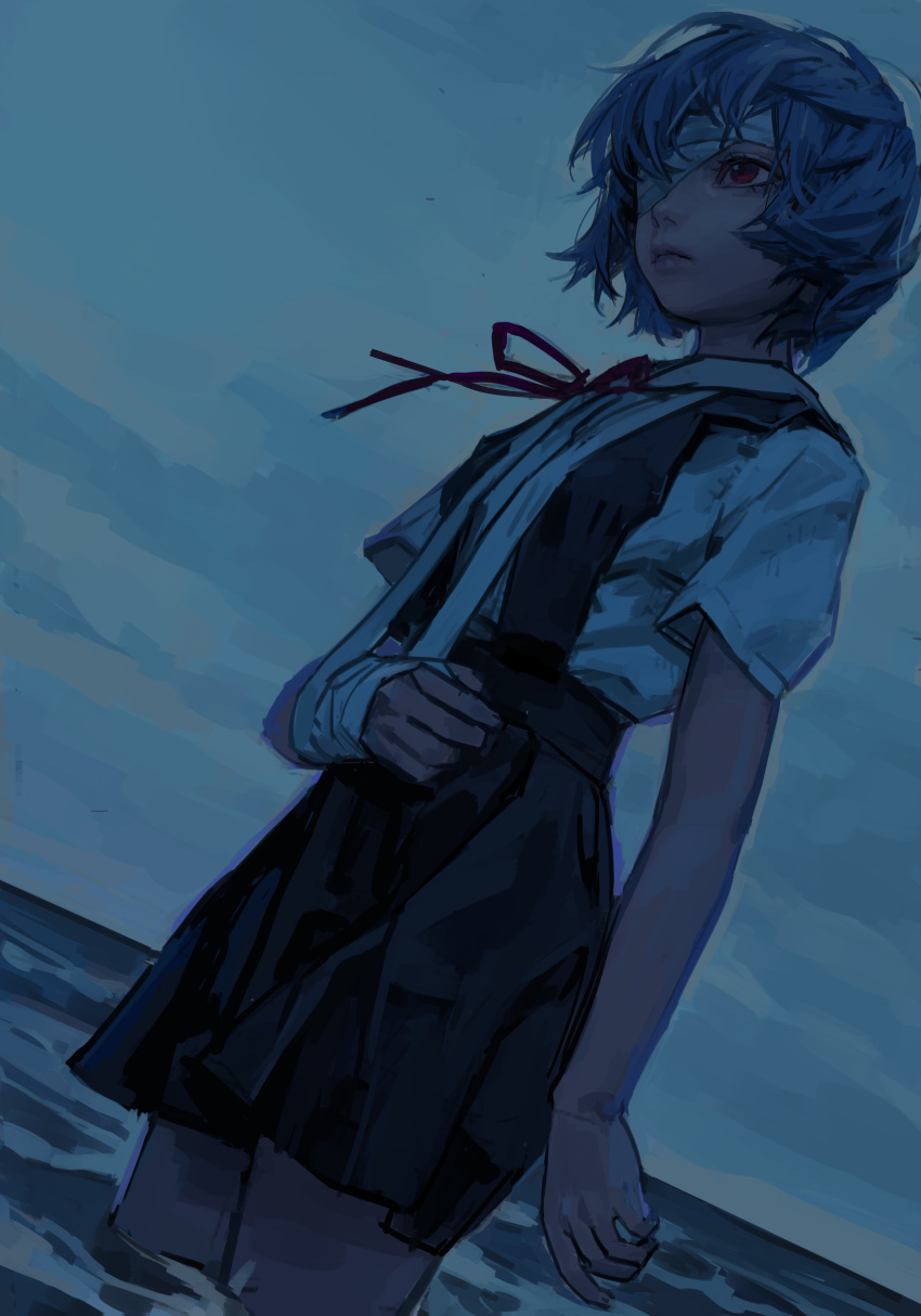 1girl absurdres arm_at_side arm_sling ayanami_rei bandaged_arm bandaged_head bandages black_dress blue_hair blue_sky cowboy_shot dress dutch_angle expressionless highres horizon looking_ahead neck_ribbon neon_genesis_evangelion one_eye_covered outdoors pinafore_dress red_eyes ribbon school_uniform shirt short_hair short_sleeves sky sleeveless sleeveless_dress solipsist solo standing tokyo-3_middle_school_uniform wading water white_shirt wind