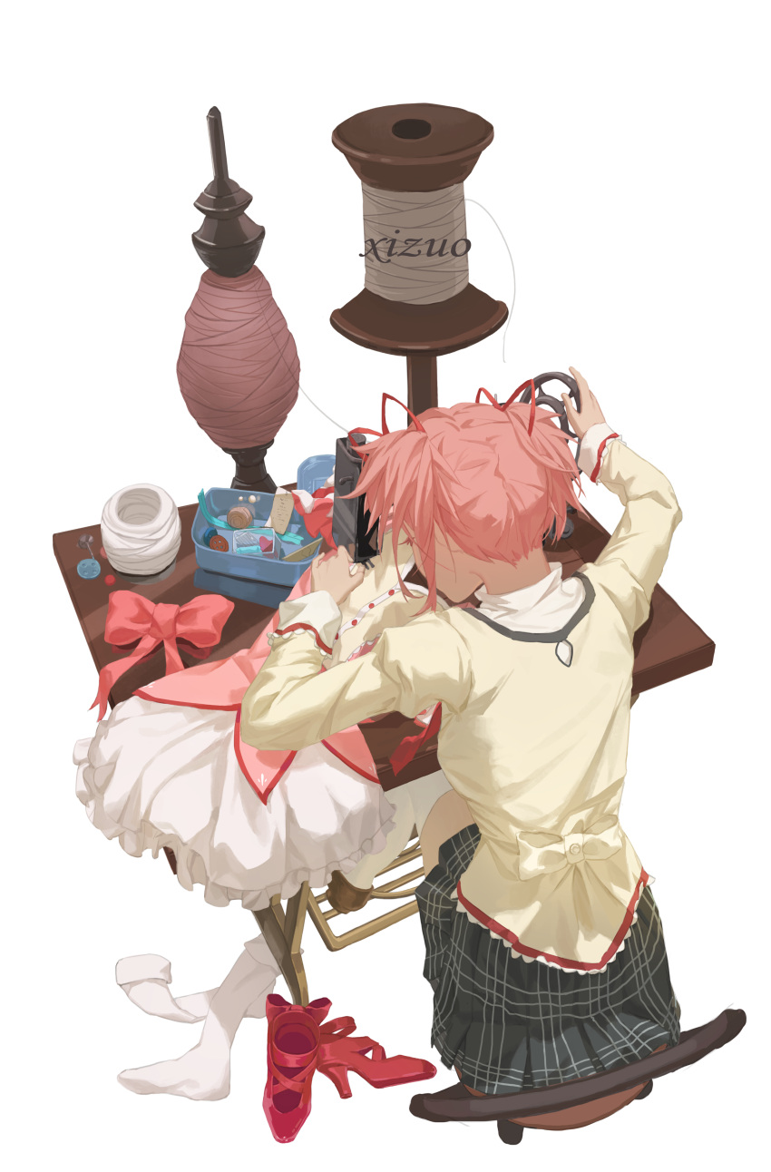1girl absurdres artist_name black_skirt bow brown_footwear bubble_skirt buttons chair chinese_commentary commentary_request dress frilled_skirt frills from_above full_body hair_ribbon highres juliet_sleeves kaname_madoka long_sleeves mahou_shoujo_madoka_magica mahou_shoujo_madoka_magica_(anime) mitakihara_school_uniform on_chair pink_bow pink_dress pink_hair plaid plaid_skirt puffy_sleeves ribbon school_uniform sewing sewing_machine shoes short_hair short_twintails sitting skirt solo table thigh-highs thread twintails unworn_dress unworn_shoes unworn_skirt unworn_socks white_background white_skirt white_thighhighs xizuo yarn