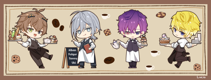 4boys alban_knox antenna_hair apron baguette black_eyes blonde_hair bow bowtie bread brown_hair cake cake_slice checkerboard_cookie chibi coffee_beans collared_shirt commentary cookie cup dishes drink food from_behind fulgur_ovid full_body gradient_hair green_eyes grey_eyes grey_hair hair_ornament heterochromia highres holding holding_plate holding_teapot holding_tray long_sleeves looking_at_viewer looking_back low_ponytail lucio_(lucioooo38) male_focus menu multicolored_hair multiple_boys nijisanji nijisanji_en open_mouth pants pink_eyes plate purple_hair shirt short_hair sleeves_rolled_up smile sonny_brisko teacup teapot tiered_tray tongue tongue_out traditional_bowtie tray uki_violeta vest violet_eyes virtual_youtuber waist_apron waiter