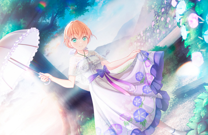 1girl aqua_eyes asagao_reijou_(love_live!) blue_flower bow cape closed_mouth collarbone crossed_bangs dress dutch_angle floral_print_dress flower foot_out_of_frame frilled_dress frilled_umbrella frills game_cg gradient_dress hair_bow halter_dress halterneck highres hinoshita_kaho holding holding_umbrella lace_socks lens_flare link!_like!_love_live! long_dress looking_at_viewer love_live! low_ponytail medium_hair morning_glory mountainous_horizon official_art orange_hair pink_flower purple_dress see-through see-through_cape see-through_dress skirt_hold smile socks solo third-party_source tree umbrella virtual_youtuber white_bow white_cape white_dress white_socks white_umbrella