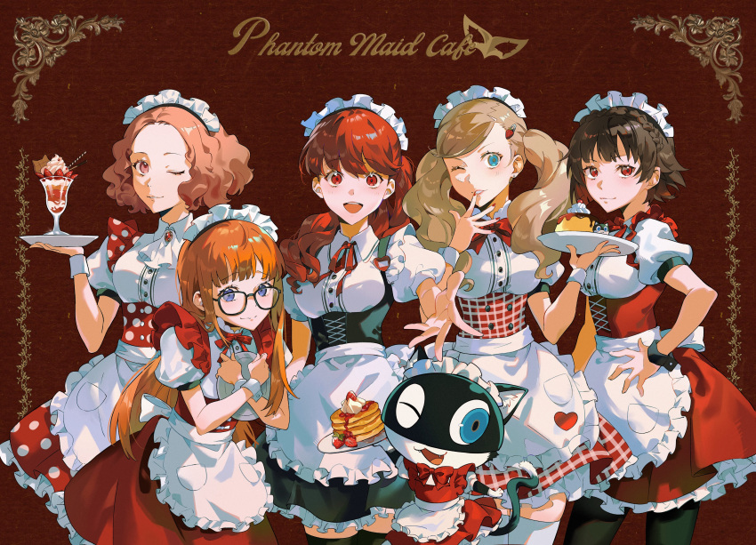 5girls absurdres alternate_costume apron bibi_booom black_dress black_pantyhose black_thighhighs blue_eyes bow bowtie braid breasts brown_hair buttons closed_mouth commentary crown_braid cup dress english_text enmaided fingernails food frilled_apron frills hand_on_own_hip highres holding holding_tray hugging_object lips long_hair looking_at_viewer maid maid_headdress medium_breasts morgana_(persona_5) multiple_girls neck_ribbon niijima_makoto okumura_haru one_eye_closed open_mouth orange_hair pantyhose parted_lips persona persona_5 persona_5_the_royal pink_lips pocket polka_dot ponytail pudding puffy_short_sleeves puffy_sleeves reaching reaching_towards_viewer red_bow red_bowtie red_dress red_eyes red_nails red_ribbon redhead ribbon sakura_futaba short_hair short_sleeves smile straight_hair swept_bangs symbol-only_commentary takamaki_anne teeth thigh-highs tray twintails upper_teeth_only violet_eyes waist_apron white_apron wrist_cuffs yoshizawa_kasumi