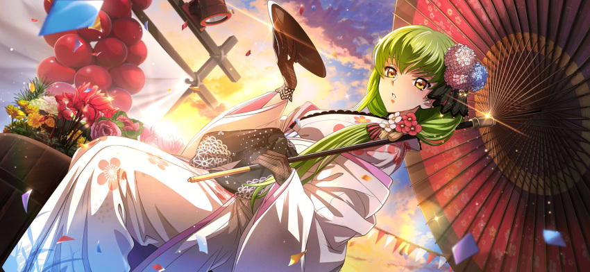 1girl artist_request barrel black_gloves blue_flower blue_sky c.c. clouds code_geass code_geass:_lost_stories confetti cup diffraction_spikes dutch_angle fishnet_gloves fishnets floral_print flower game_cg glint gloves green_hair hair_flower hair_ornament hair_over_shoulder hands_up highres holding holding_cup holding_umbrella japanese_clothes kimono light_particles long_hair long_sleeves looking_at_viewer non-web_source obi official_art oil-paper_umbrella orange_sky outdoors parted_lips pink_flower red_flower sakazuki sash sitting sky solo string_of_flags sunlight sunset tassel teeth umbrella white_flower white_kimono wide_sleeves yellow_eyes yellow_flower