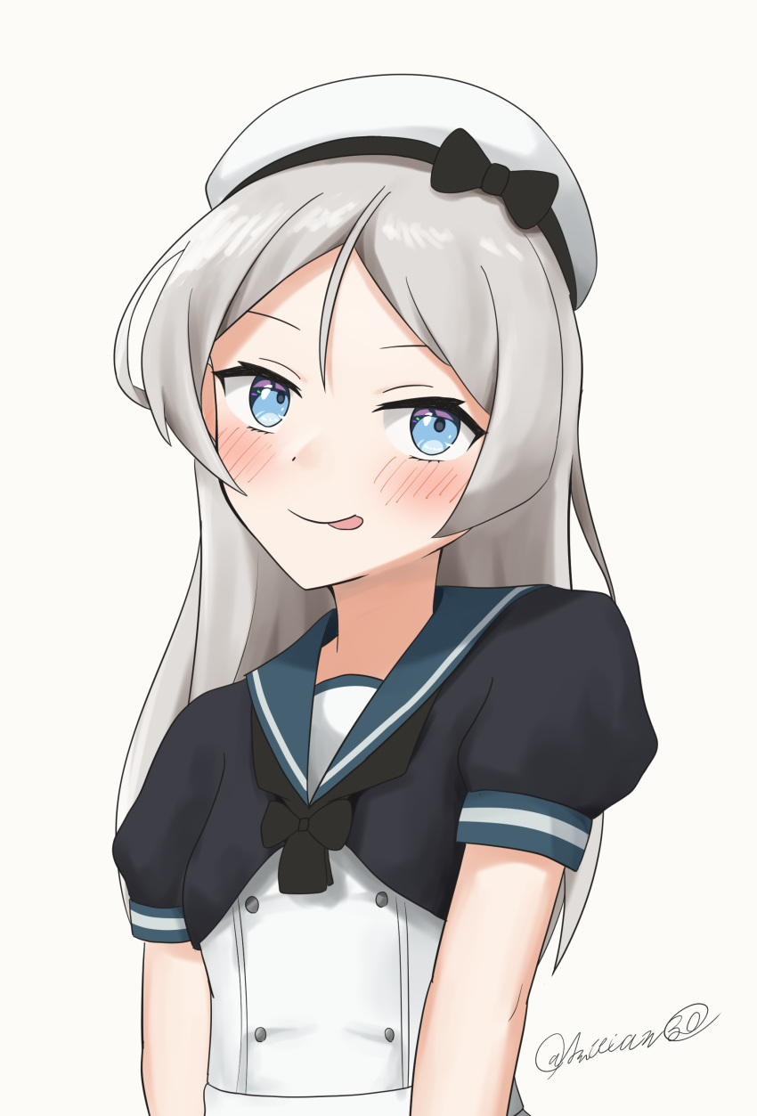 1girl absurdres black_jacket black_neckerchief blue_eyes blue_sailor_collar dress grey_hair hat highres jacket javelin_(kancolle) kantai_collection l_meet long_hair looking_at_viewer neckerchief sailor_collar sailor_hat short_sleeves simple_background solo tongue tongue_out twitter_username upper_body white_background white_dress white_hat