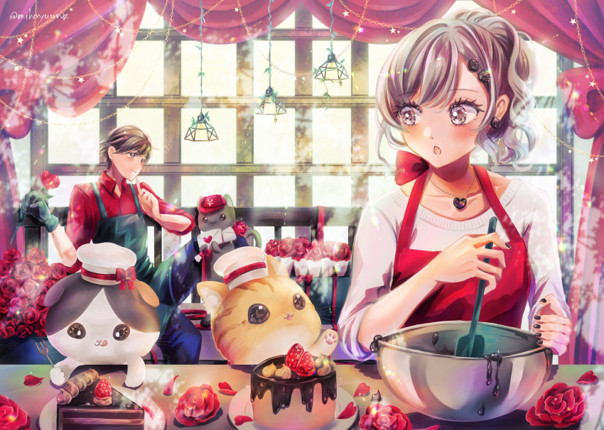 1boy 1girl apron black_apron black_nails black_pants brown_eyes brown_hair cake cake_slice cat closed_mouth collarbone collared_shirt eyelashes flower food fork fruit gloves heart heart_necklace highres holding holding_flower holding_fork holding_spatula jewelry mihayuuno mixing_bowl necklace open_mouth original pants ponytail red_apron red_flower red_hat red_petals red_rose red_shirt rose shirt spatula strawberry sweater twitter_username valentine white_hat white_sweater