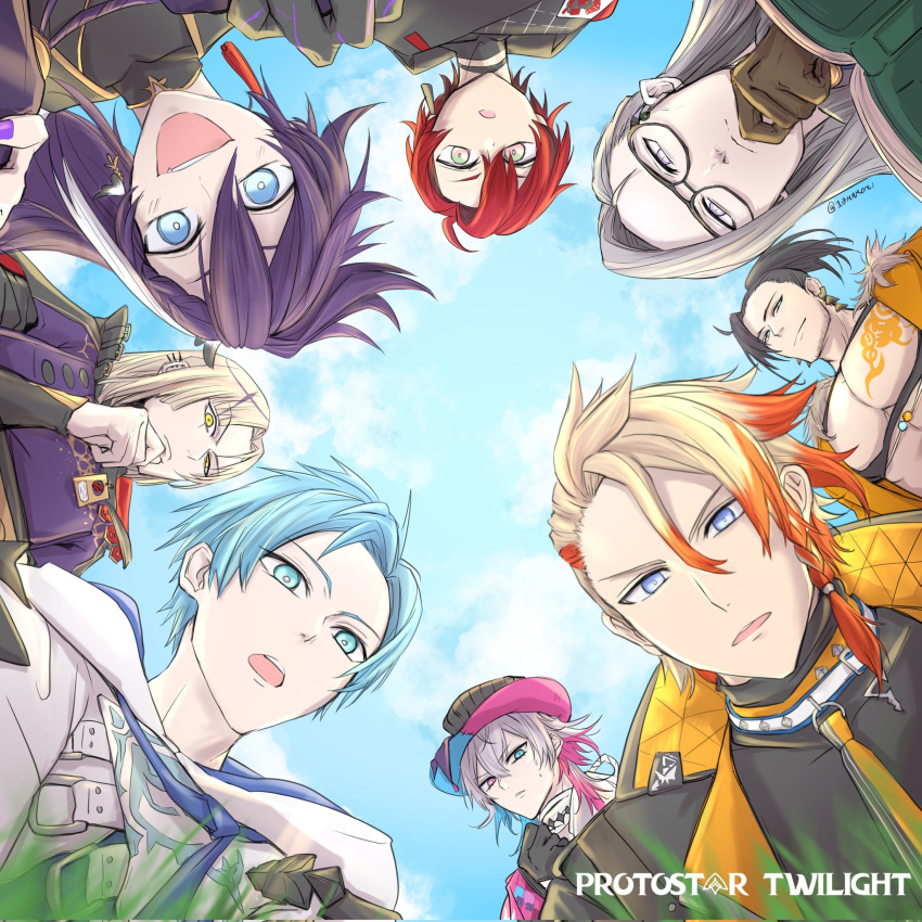 10mamomi 6+boys ahoge axel_syrios banzoin_hakka black-framed_eyewear black_gloves black_hair blonde_hair blue_eyes blue_hair blue_sky brown_gloves chest_tattoo closed_mouth clouds curtained_hair english_commentary gavis_bettel glasses gloves grass green_eyes grey_hair hair_between_eyes hat heterochromia highres holostars holostars_english holotempus hood hoodie jacket josuiji_shinri long_hair looking_at_viewer machina_x_flayon magni_dezmond male_focus multicolored_hair multiple_boys muscular muscular_male noir_vesper open_mouth pink_eyes pink_hair ponytail pov protostar_twilight purple_hair redhead regis_altare scarf second-party_source short_hair sky smile tattoo title top_hat twitter_username two-tone_hair upper_body violet_eyes virtual_youtuber white_hoodie white_scarf worried yellow_eyes