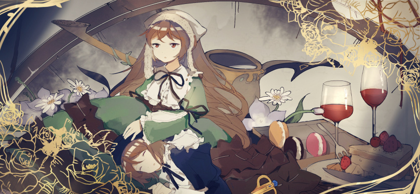 2girls alcohol black_ribbon blue_hat brown_hair cake cake_slice closed_eyes collared_dress cup dress drinking_glass expressionless feet_out_of_frame food fork frilled_shirt_collar frills fruit green_dress hat head_scarf highres lolita_fashion long_bangs long_sleeves looking_at_viewer macaron medium_bangs multiple_girls neck_ribbon no_heterochromia open_mouth red_eyes ribbon rozen_maiden short_hair siblings sisters sleeping souseiseki strawberry suiseiseki top_hat twins watering_can wine wine_glass xiaohan6th