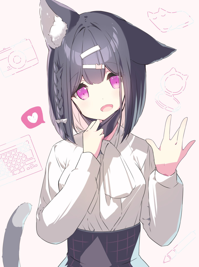 1girl animal_ear_fluff animal_ears black_hair black_skirt bow braid camera cat_ears cat_girl cat_tail commentary_request hair_bow hair_ornament hairclip hand_mirror hands_up head_tilt heart high-waist_skirt highres iku_kurumi keyboard_(computer) long_sleeves looking_at_viewer mask mask_pull mirror mofu-mofu_after_school mofumofu_channel mouth_mask p19 pink_background puffy_long_sleeves puffy_sleeves pulled_by_self shirt simple_background skirt solo spoken_heart tail unaligned_ears upper_body violet_eyes white_bow white_shirt