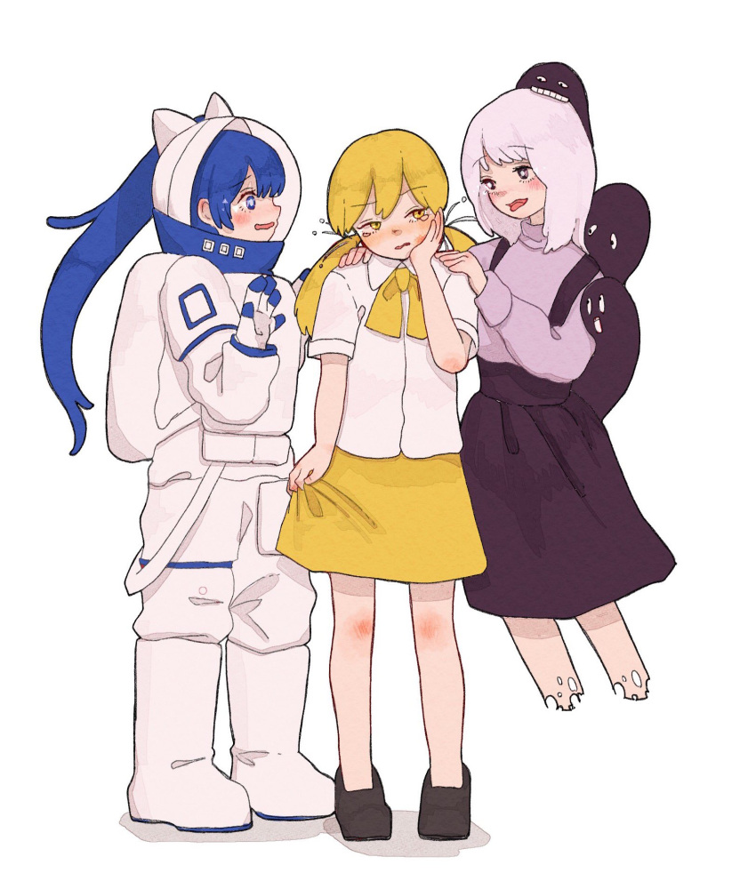 3girls animal_ear_headwear astronaut biting black_eyes black_footwear black_skirt blonde_hair blue_eyes blue_hair blush boots bruise bruise_on_face collared_shirt creator_connection creature cropped_legs floating frown gloves golden_number_(vocaloid) hand_on_own_face hands_on_another's_shoulders head_biting helmet highres injury knee_boots long_hair long_sleeves looking_to_the_side low_twintails multiple_girls neck_ribbon open_mouth over!_(vocaloid) pink_hair profile purple_sweater ribbon sabaku_(saba9) shirt shoes simple_background skirt skirt_grab smile songover space_helmet standing suspender_skirt suspenders sweater tearing_up tongue tongue_out turtleneck turtleneck_sweater twintails underbust vocaloid watashi_wa_kinki_(vocaloid) wavy_mouth white_background white_gloves white_shirt yellow_eyes yellow_ribbon yellow_skirt
