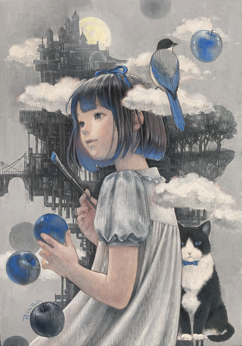 1girl absurdres apple bird black_eyes black_hair blue_hair building cat clouds dress food fruit full_moon gradient_hair grey_dress hair_ribbon highres holding holding_paintbrush looking_to_the_side moon multicolored_hair oil_painting_(medium) original paintbrush painting_(medium) ribbon ringodrawing short_hair short_sleeves solo surreal traditional_media tree two-tone_hair upper_body